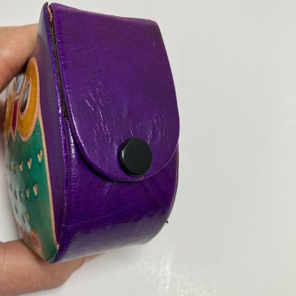 🦉 Painted Leather Owl Snap Coin Purse Purple - Picture 4 of 8